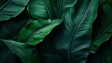 Background: lush green banana leaves in a tropical jungle. lush tropical forest, against the...