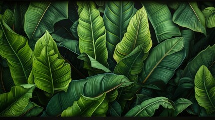 Background: lush green banana leaves in a tropical jungle. lush tropical forest, against the abstract pattern of light and shadow, natural background, seamless banner offers copy space - obrazy, fototapety, plakaty