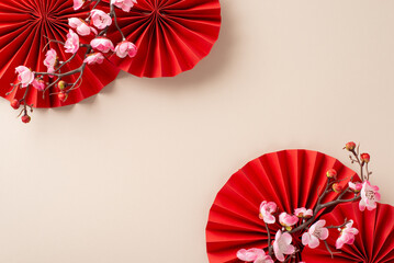 Get into the celebratory mood with this enchanting Chinese New Year setup. Overhead shot of red...