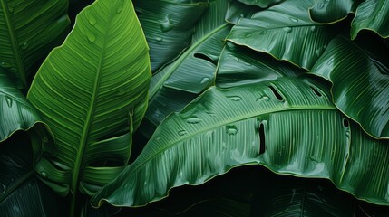 Background: lush green banana leaves in a tropical jungle. lush tropical forest, against the abstract pattern of light and shadow, natural background, seamless banner offers copy space