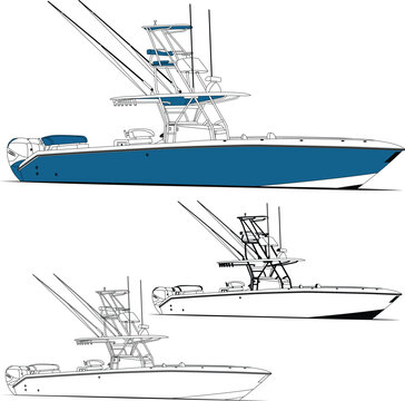 Sport fishing boat vector line art illustration and one-color