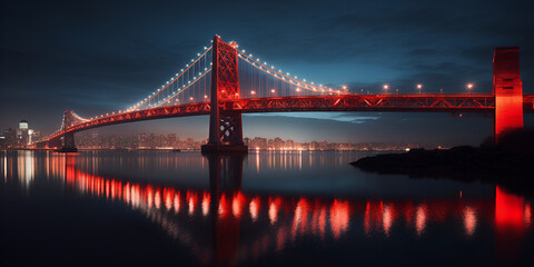 Bridge over river with red shining lights and the reflection of red lights in the water, Beautiful scene of bridge at night, generative AI