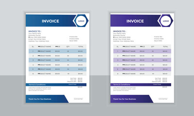 Fototapeta na wymiar Professional blue and purple color geometric invoice template design