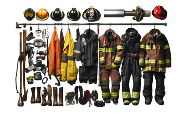 Gear Rack Organizing Firemans Equipment on White or PNG Transparent Background - obrazy, fototapety, plakaty