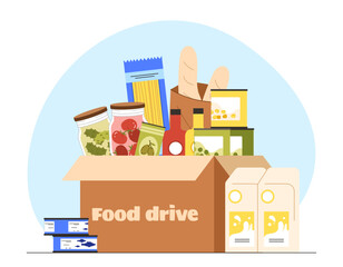 Food drive charity concept. Box with natural and organic products. Online shopping and fast delivery, transportation. Charitable donaton of eating. Care and support. Cartoon flat vector illustration