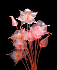Abstract glass flowers in the style of naturalistic color palette and dreamlike installations, flower and nature motifs,
