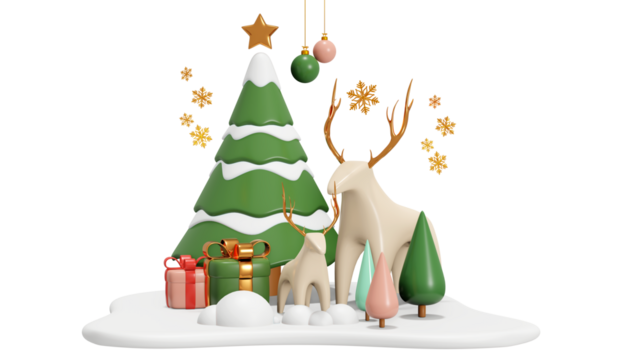 Concept new year mockup. Empty green and gold round podium with a Christmas decorations. Christmas tree, candy cane, snowflakes, gift boxes, and red balls. Mock up. 3d rendering