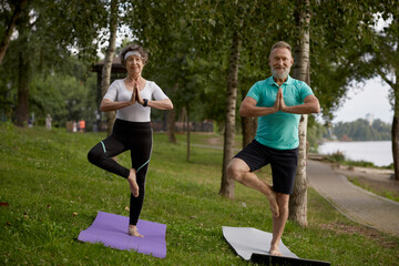 Older active couple doing yoga exercise outdoors at city park - obrazy, fototapety, plakaty