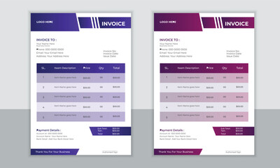 Modern corporate company and business invoice template design. invoice template design with color and concept variation bundle