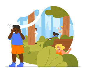 Hide and seek game concept. Boy stand with closed eyes, friends hiding in bushes and trees. Active lifestyle and leisure outdoor. Kids having fun together. Cartoon flat vector illustration