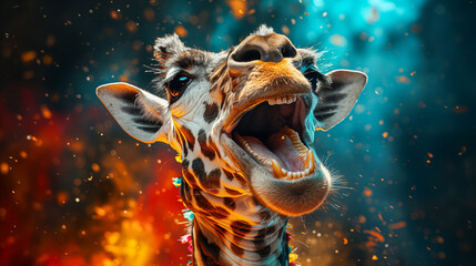 funny giraffe in colors splashes - obrazy, fototapety, plakaty