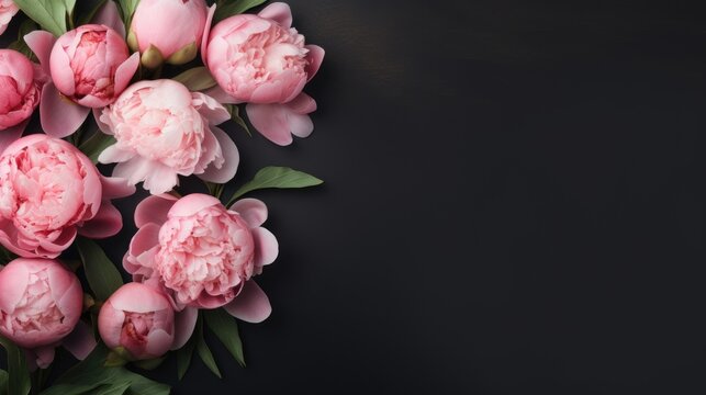 Beautiful bouquet of pink peonies on a dark background