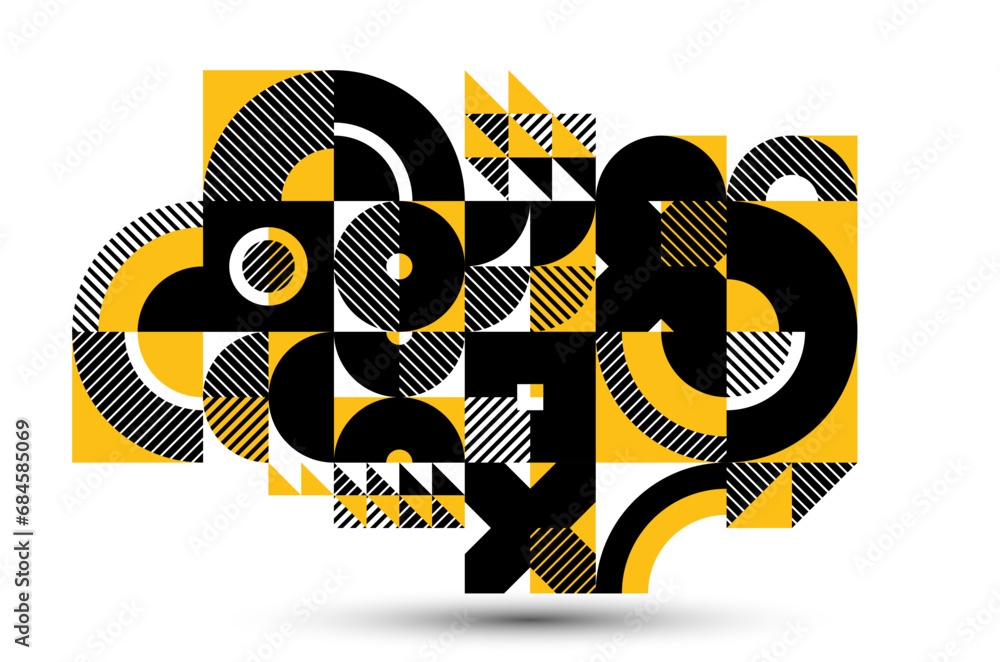Poster abstract geometric vector background, modular tiling stripy art with circles and other shapes, retro