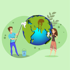 Cleansing the planet. A guy and a girl clean the planet Earth from dirt. Vector