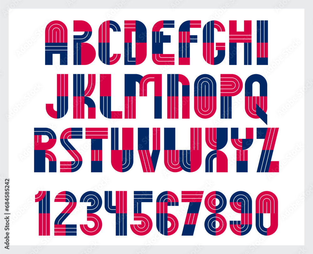Poster geometric original font vector design, geometrical typography alphabet letters set including numbers