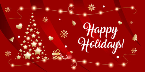 Christmas and New Year background with Christmas tree, snowflakes and gifts. Christmas and New Year greeting or invitation in vector