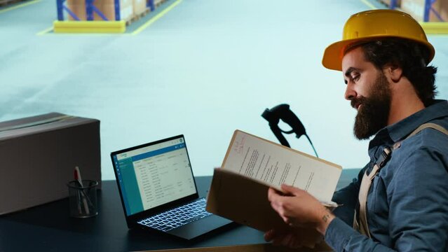 Export manager creating invoice for cargo shipment, working on delivery and transportation logistics. Warehouse employee checking dispatch notes for order receipt, inventory management.