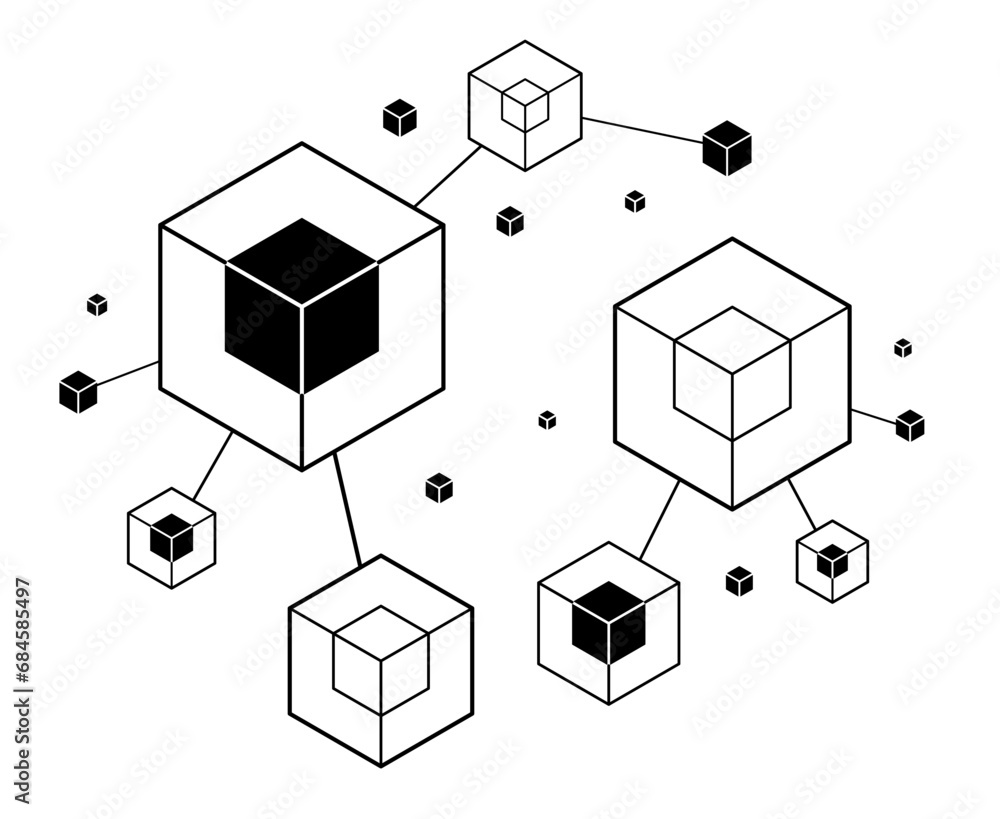 Poster abstract vector technology theme background with connected cubes over dark, geometric design linear 