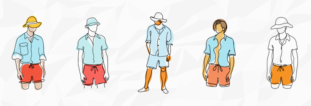 Sommerliche Entspannung: Bundle mit Lineart-Illustrationen von gesichtslosen Männern in Bade-Outfits