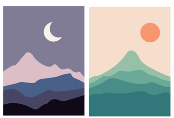 Collection of modern simple minimalistic posters - mountain landscapes in boho style (night and day) on a colored background