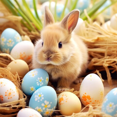 Fototapeta na wymiar Cute bunny with painted easter eggs