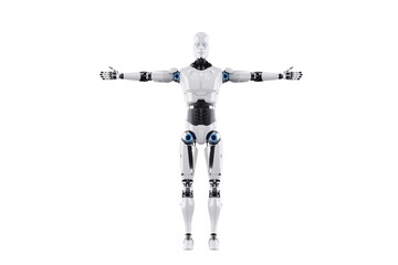 Technological modern robot full body robot isolated on white background, photorealism. Neural networks and Artificial intelligence, technology. 3D illustration, 3D rendering, copy space.