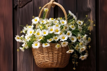 Fototapeta na wymiar Wicker basket with bouquet of daisy flowers