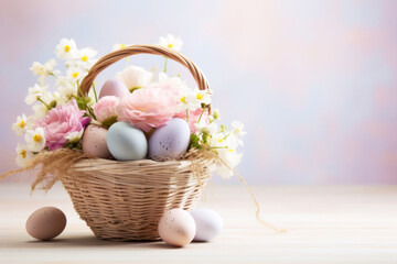 Fototapeta na wymiar Wicker basket with colorful pastel Easter eggs and spring flowers