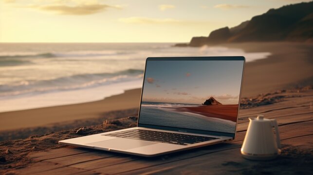 Woman works on a laptop at the beach photo realistic illustration - Generative AI.