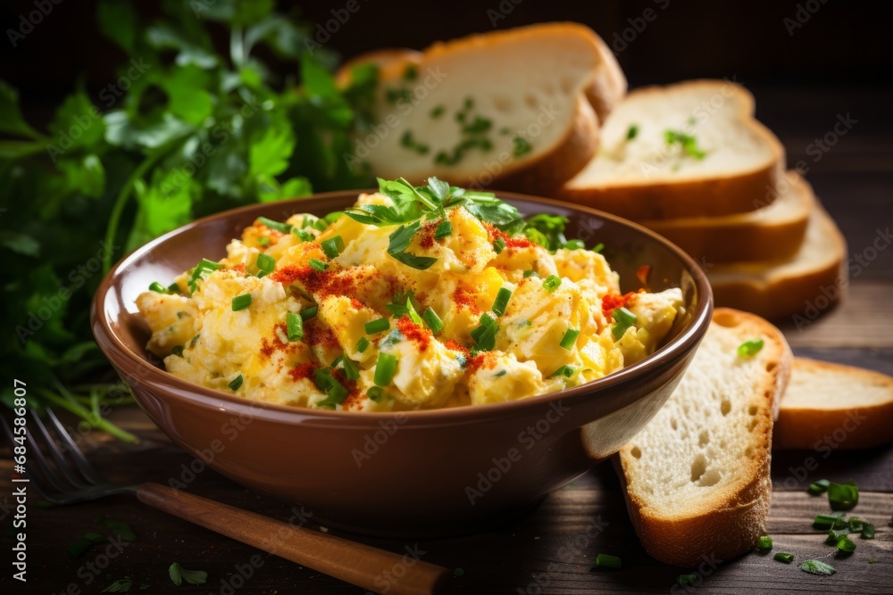 Wall mural a freshly prepared bowl of egg salad garnished with parsley and paprika, served on a rustic wooden t