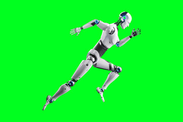 Fototapeta premium Technological modern robot, full body, in running pose on green background. Neural networks and artificial intelligence, technology, machine learning. 3D illustration, 3D rendering, copy space