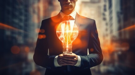 Business idea creative or smart thinking concept, man with light bulb - obrazy, fototapety, plakaty