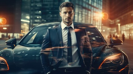 Confident Businessman Standing Proudly Next to a Sleek and Luxurious Automobile - obrazy, fototapety, plakaty