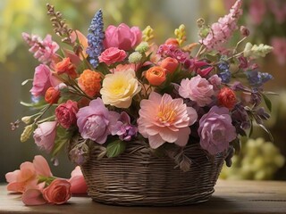 Obraz na płótnie Canvas flower basket overflowing with a variety of blossoms,