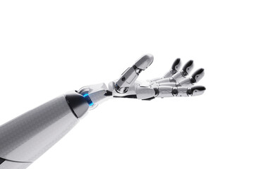 Technological robot shows its hand with palm up. Neural networks and Artificial Intelligence, scientific background, AI analyzing information. 3D illustration, 3D rendering, copy space.
