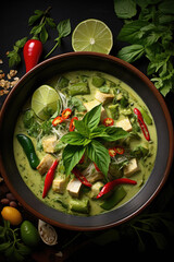 Green curry food in ceramic bowl, fusion of Thai- and Indian-style curries