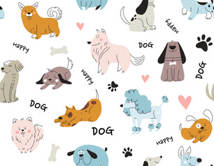Doodle dog seamless pattern. Repeating design element for printing on fabric. Cute puppies near footprints. Pets and domestic animals with inscriptions. Cartoon flat vector illustration