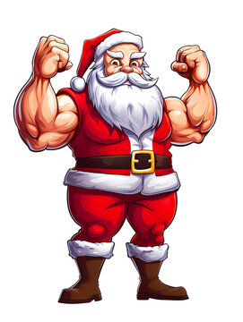Cartoon Santa Claus Bodybuilder, Muscular Santa Clause, Fitness gym, isolated on transparent white background 