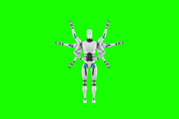 Modern Robot with multiple arms, multifunctional robot isolated on green background. Concept of process automation, artificial intelligence, job loss. 3D illustration, 3D renders.