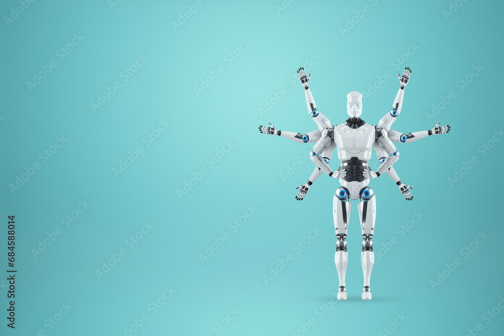Poster modern robot with many arms, multifunctional robot isolated on blue background. concept of process a