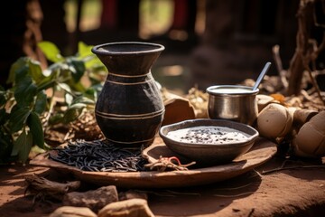 A traditional Kenyan beverage, Mursik, served in a calabash gourd, with fermented milk and charcoal, embodying the rich cultural heritage of the Kalenjin community - obrazy, fototapety, plakaty