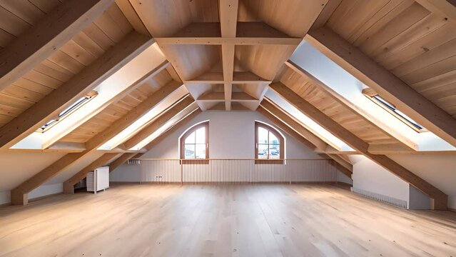 Illustration of spacious well lit attic room. Bright empty clean wooden interior with copy space. horizontal background. AI generative.