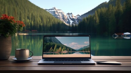 Remote work from a lakeside photo realistic illustration - Generative AI.