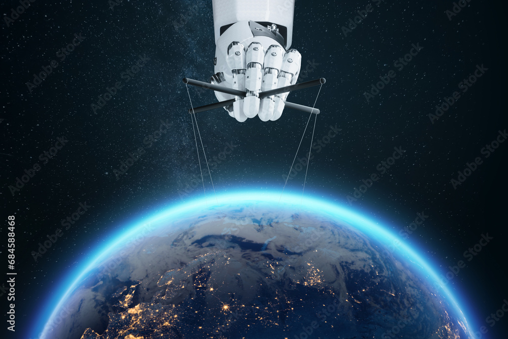 Poster the robot arm controls humanity like puppets. neural networks, ai superiority, singularity, informat