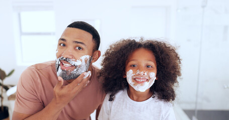 Dad, son and shaving cream in bathroom, portrait and morning routine in mirror, skincare and boy....