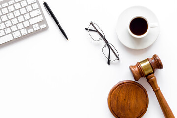 Law student or lawyer workplace with Judge gavel and coffee cup