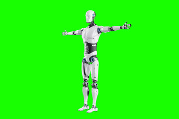 Technological modern robot body full body , photorealism. Neural networks and Artificial Intelligence, technology, AI analyzing information. 3D illustration, 3D rendering, copy space.
