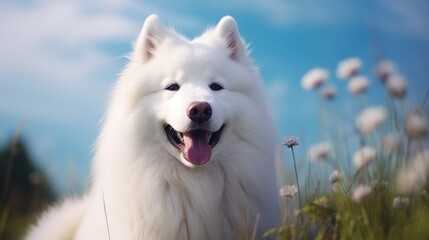 Samoyed Dog Portrait at flower field outdoor scene