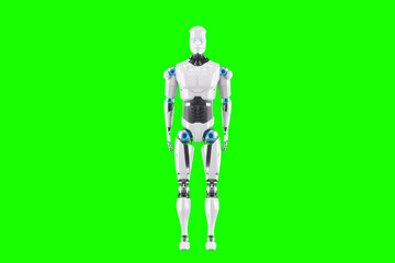 Technological modern robot body full body , photorealism. Neural networks and Artificial Intelligence, technology, AI analyzing information. 3D illustration, 3D rendering, copy space.