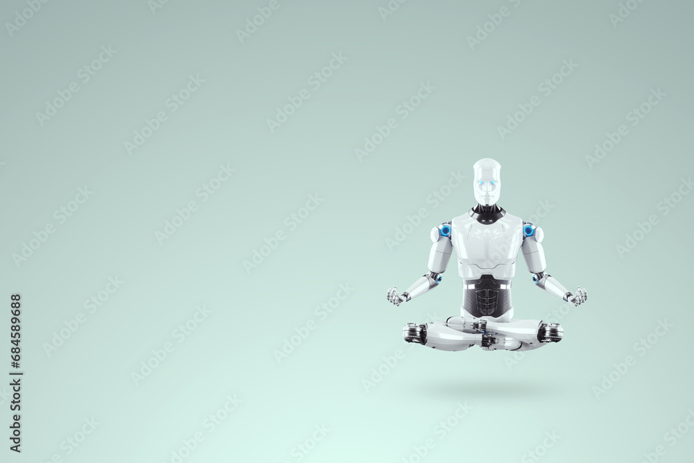 Poster modern technological robot in lotus pose. 3d illustration, 3d rendering, copy space.